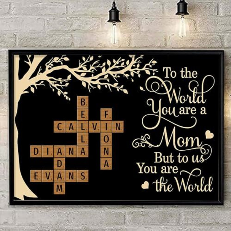 Mother's Day personalized canvas print for mom, 'Mommy to the world you are one person' quote, family names, terracotta, square