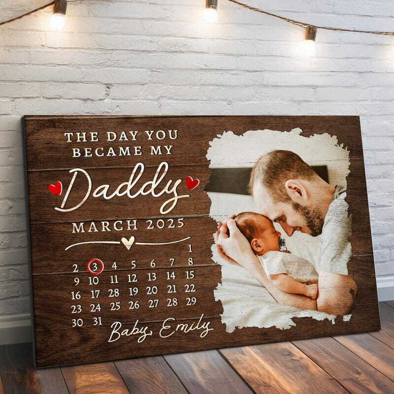 New dad canvas keepsake for First Father's Day, custom baby name and birth date, includes slot to add a photo for nursery wall