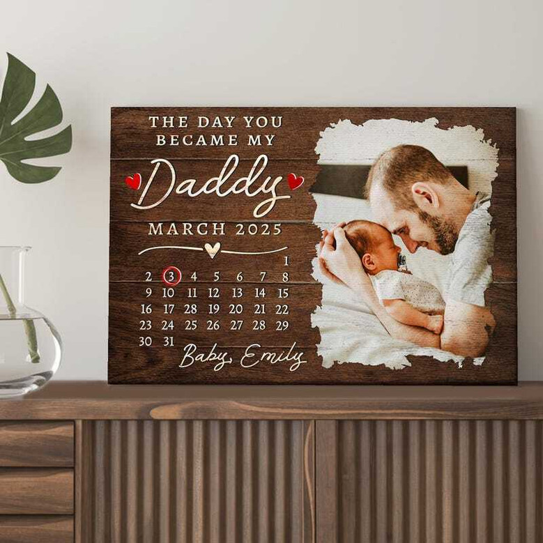 First Father's Day canvas print, sentimental keepsake for new dad from baby, customizable text and photo frame for nursery