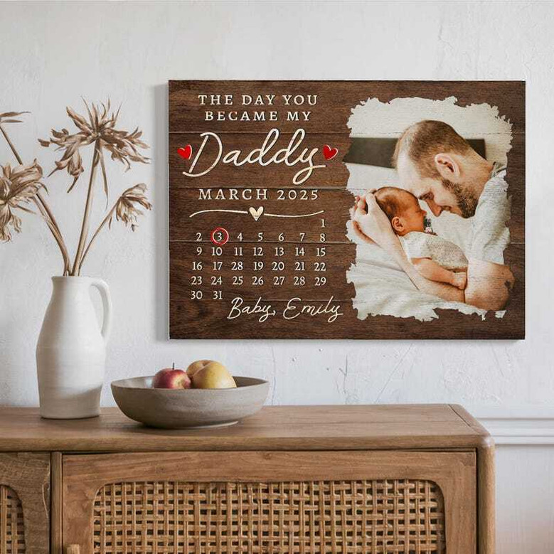 New dad canvas art for nursery, First Father's Day memento with baby photo holder, personalized message and date available