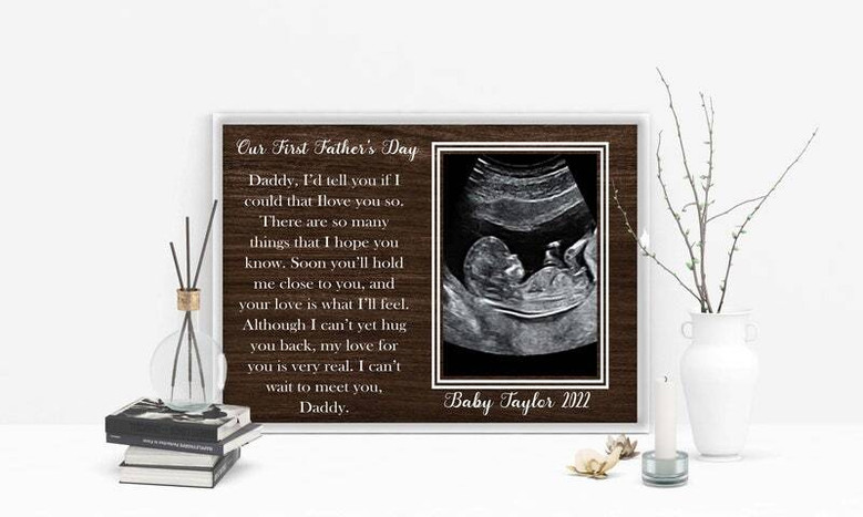 Ultrasound photo canvas gallery-wrapped, custom with baby's name and date, black backdrop, Father's Day reveal for new dad