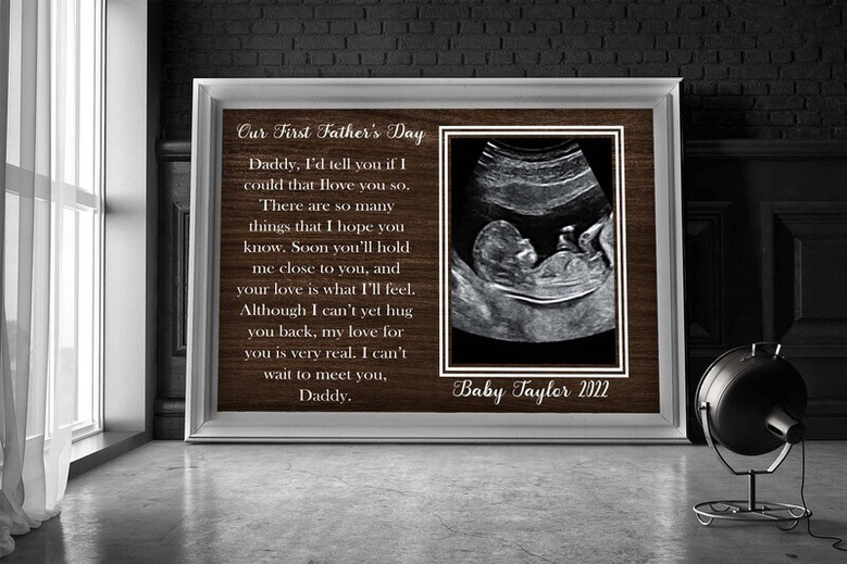 Ultrasound canvas print custom with baby's name and date, wood-framed, pregnancy reveal gift for new dad, nursery decor