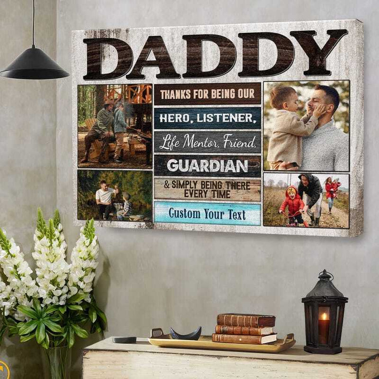 Hero theme canvas print personalized photo collage for Dad comic-inspired style with cape graphic, Father's Day gift