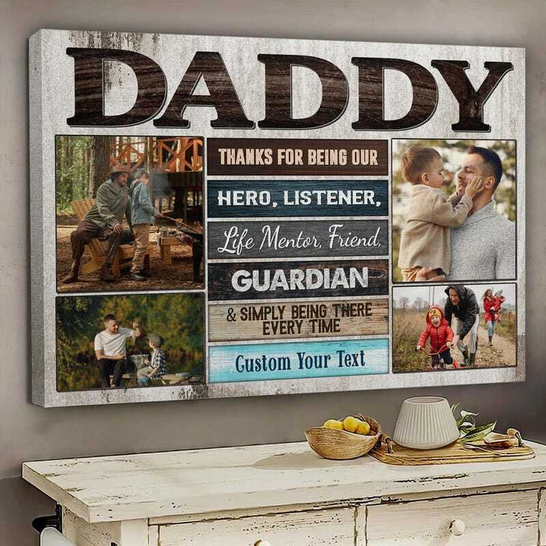 Hero theme canvas portrait custom photo collage for Dad, personalized with dates, ideal birthday or Father's Day keepsake gift