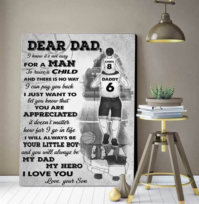 Soccer dad hero canvas wall art with 'A Son’s First Hero' quote, custom father and son names, perfect birthday gift for dad