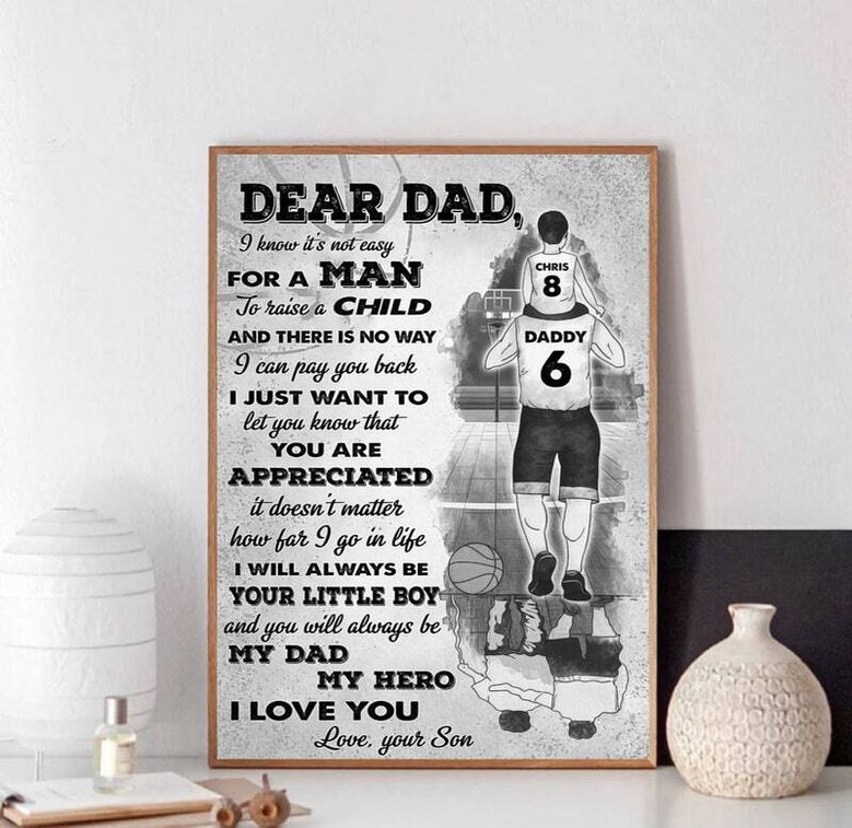 Soccer dad hero canvas wall art in modern minimalist style, neutral tones, personalized names, living room decor for dad