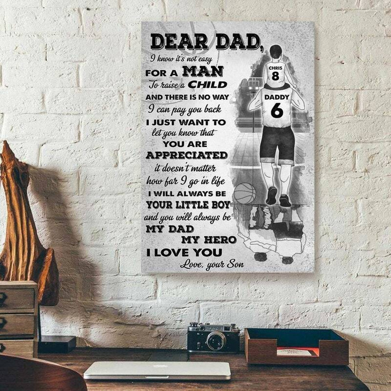 Soccer dad hero canvas wall art with father and son on the pitch, personalized names and date, gift for Father’s Day