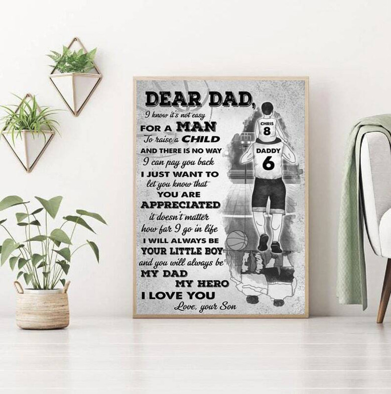 Soccer dad hero canvas wall art, black-and-white silhouette portrait, personalized names; ideal home office or man cave decor