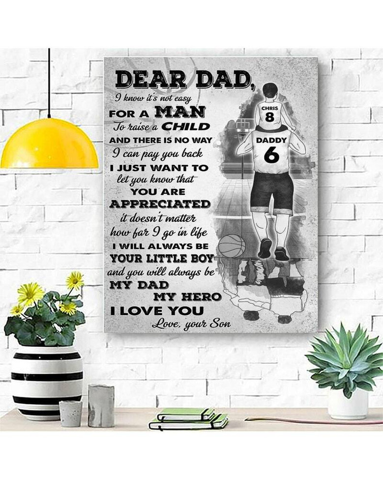 Soccer dad hero canvas wall art in watercolor, father–son on green field, personalized names and jersey numbers, landscape