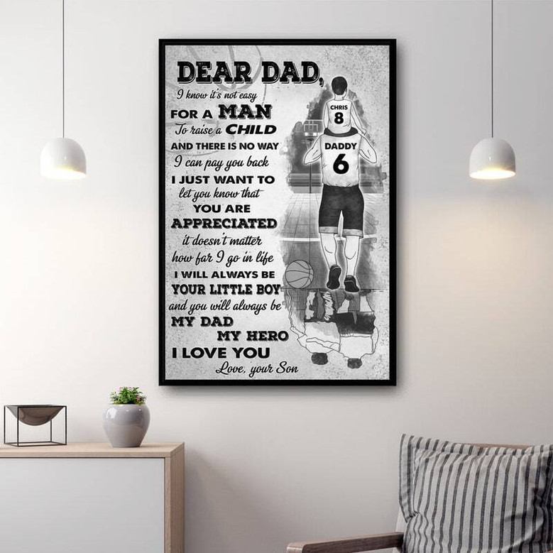 Soccer dad hero canvas wall art with rustic wood texture, father and son, custom names and date, Father’s Day gift