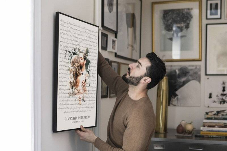 First dance lyrics canvas print with custom names and wedding date, landscape, black, modern, romantic anniversary wall art