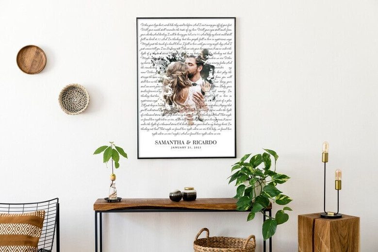 First dance wedding lyrics canvas print personalized with names and date, rustic farmhouse kraft background anniversary decor