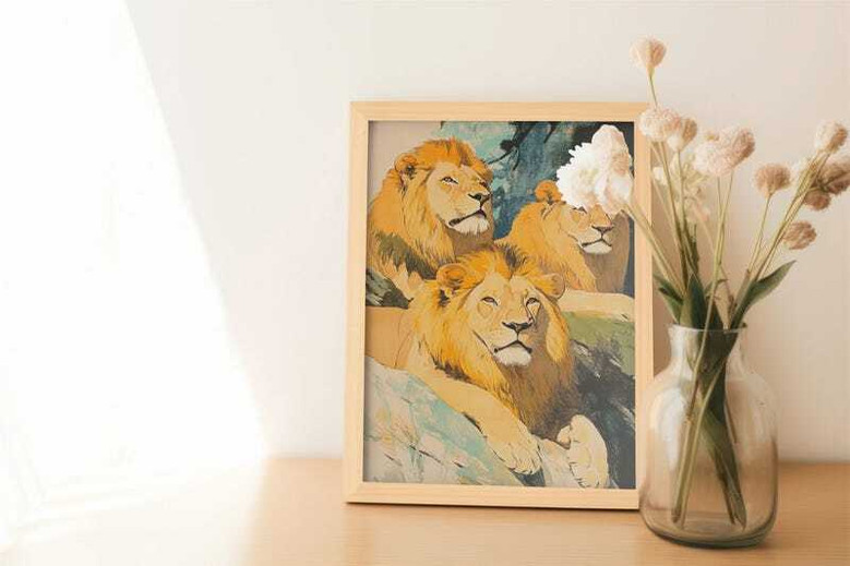Lion family watercolor canvas in warm earth tones, playful safari art with lion parents and cubs, for kids' room decor.