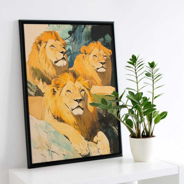 Lion family watercolor canvas, portrait with bold vibrant hues, striking safari decor for office or creative workspace.