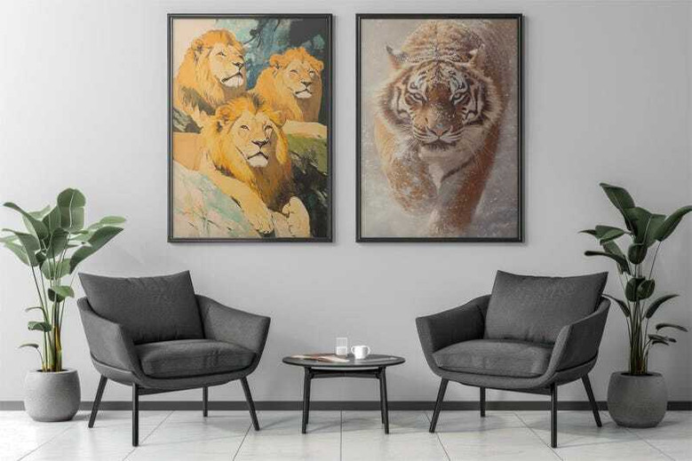 Lion family watercolor canvas in warm golden palette, safari-themed decor for gender-neutral nursery and home office.