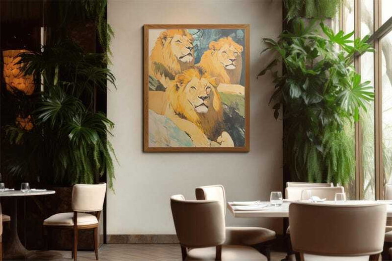 Lion family watercolor gallery-wrapped canvas in landscape, soft pastels, calming safari decor for nursery or office.