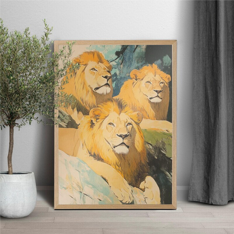 Lion family watercolor canvas featuring vibrant safari scene with parents and cubs, ideal for nursery decor or home office.