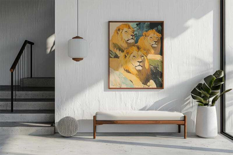Lion family watercolor canvas print with playful cubs and gentle savanna backdrop, safari nursery decor for kids' room.