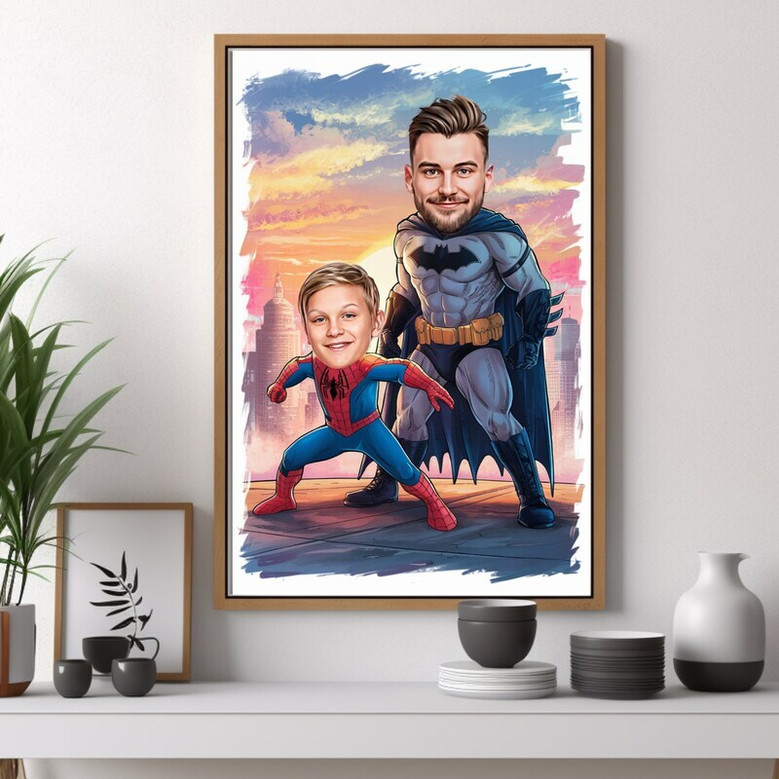 Super Dad cartoon canvas print, personalized, minimalist design, neutral tones, thoughtful birthday gift for living room