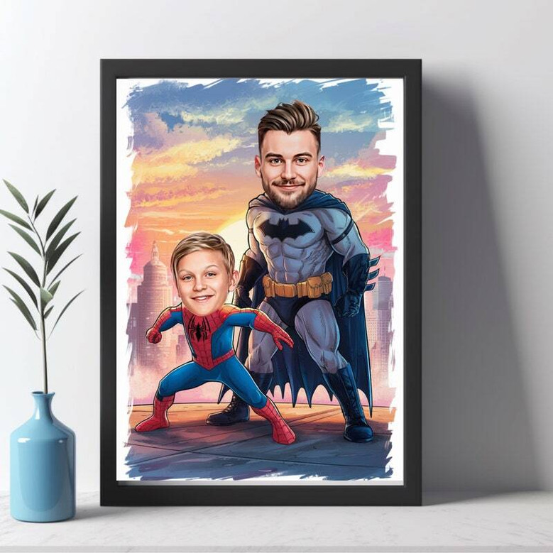 Super Dad hero cartoon canvas wall art, personalized, comic-book style, portrait orientation, perfect living room decor