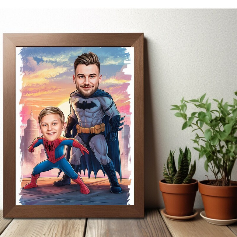 Custom dad hero cartoon canvas wall art, personalized, bold comic style, ideal living room decor and meaningful gift for Dad
