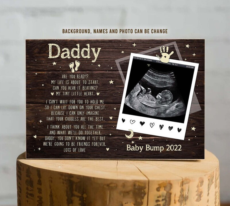 Expecting father ultrasound poem canvas, custom photo with baby name and date, landscape layout, rustic, pregnancy reveal
