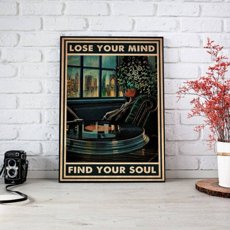 Vintage music lovers canvas print with retro typography and vinyl graphic, 'Lose Your Mind Find Your Soul' wall decor