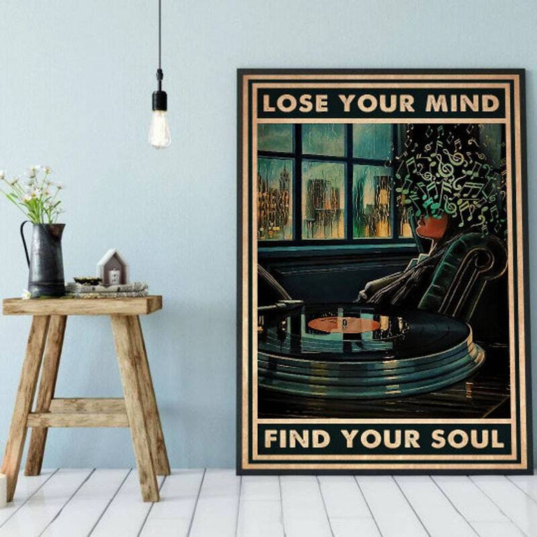 Vintage music lovers canvas print with vinyl record motif and 'Lose Your Mind Find Your Soul' quote for home decor