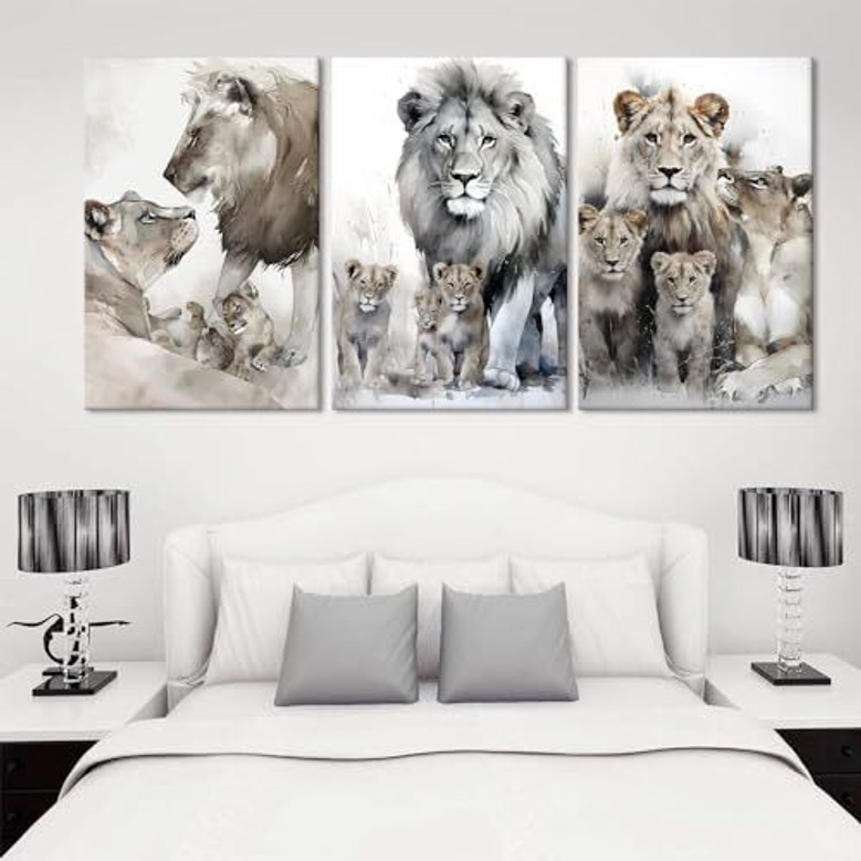 Lion family portrait canvas triptych, watercolor art, framed 3-piece wall decor for living room or office in modern style Lion family portrait canvas triptych, watercolor art, framed 3-piece wall decor for living room or office in modern style