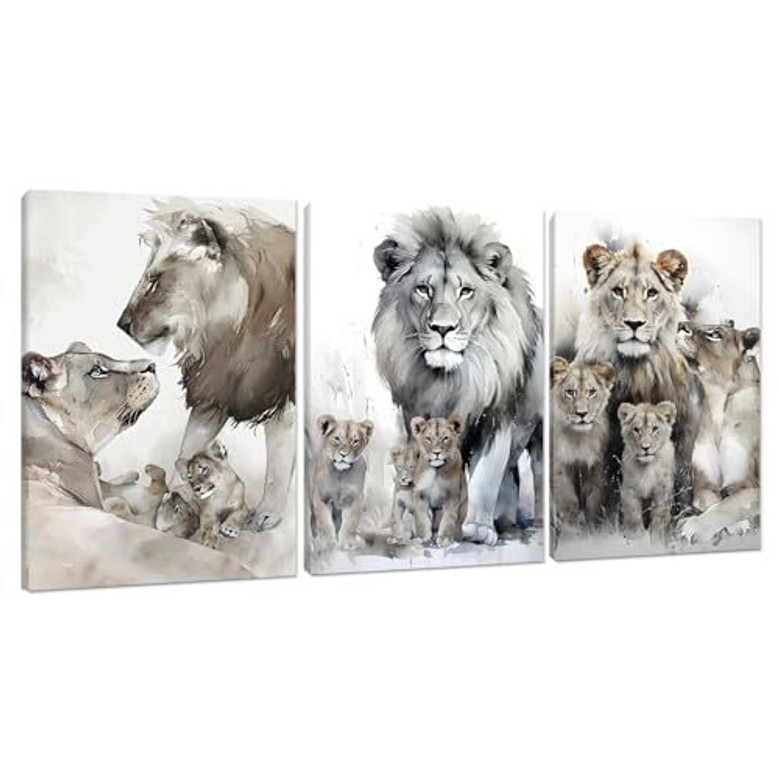 Modern lion family portrait canvas, watercolor triptych framed 3-piece wall decor for living room or office, contemporary Modern lion family portrait canvas, watercolor triptych framed 3-piece wall decor for living room or office, contemporary