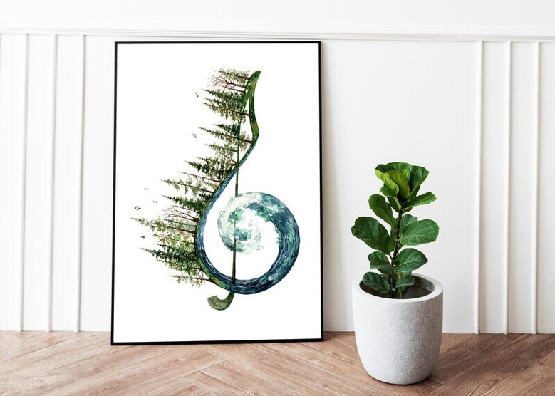 Treble clef watercolor canvas art on black background with luminous hues, wall decor for recording studio or practice space Treble clef watercolor canvas art on black background with luminous hues, wall decor for recording studio or practice space