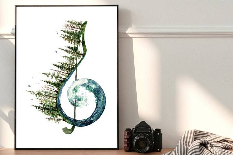 Treble clef watercolor canvas art, bold abstract splatter style on textured canvas, focal piece for hallway or entryway Treble clef watercolor canvas art, bold abstract splatter style on textured canvas, focal piece for hallway or entryway