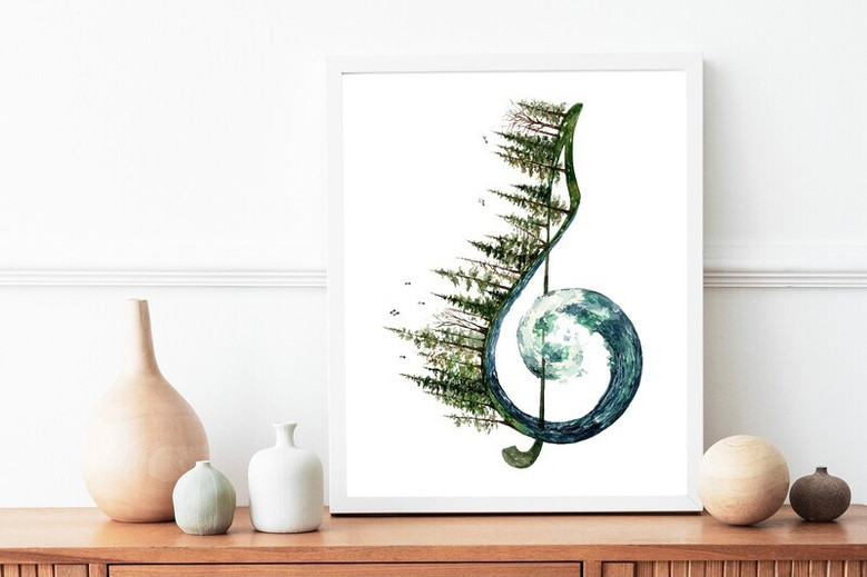 Treble clef watercolor canvas art, subtle earth tones with gentle bleed effects, wall decor for meditation or practice room Treble clef watercolor canvas art, subtle earth tones with gentle bleed effects, wall decor for meditation or practice room