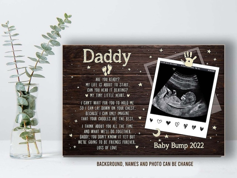 New dad ultrasound poem canvas with personalized names and due date, portrait layout, pregnancy announcement gift