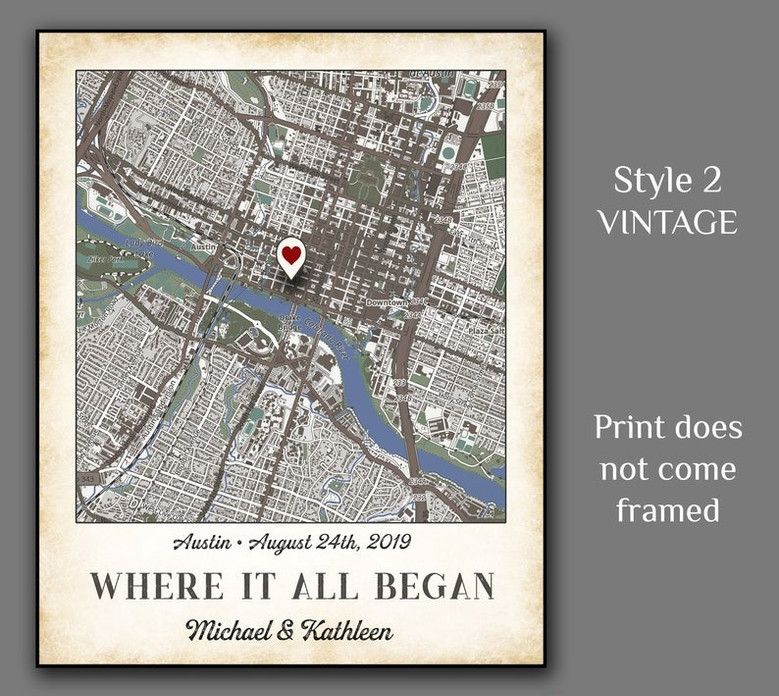 Where We Met map canvas, minimalist black and white style; personalized names and date; bedroom wall decor for couples