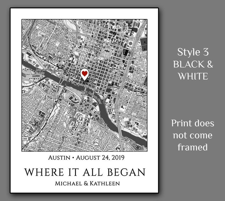 Where We Met map canvas in navy night-sky theme; custom names and date; heartfelt Valentine's decor, portrait orientation