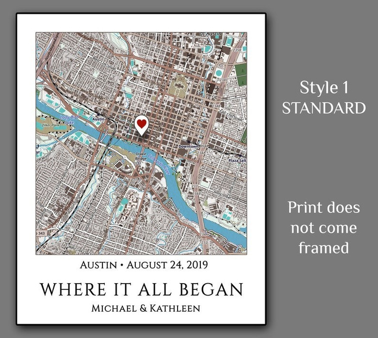 Where We Met map canvas custom with names, date, and location pin; sentimental anniversary or Valentine's gift for girlfriend