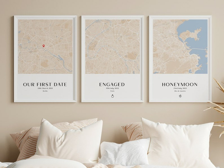 Personalized couple milestones map canvas set, three-panel wall art with custom names, dates, and places, engagement gift Personalized couple milestones map canvas set, three-panel wall art with custom names, dates, and places, engagement gift
