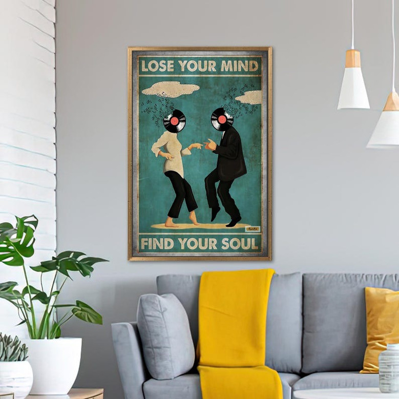 Modern dance canvas wall art with 3D frame depth, 'Lose Your Mind Find Your Soul' quote, perfect accent for music room decor
