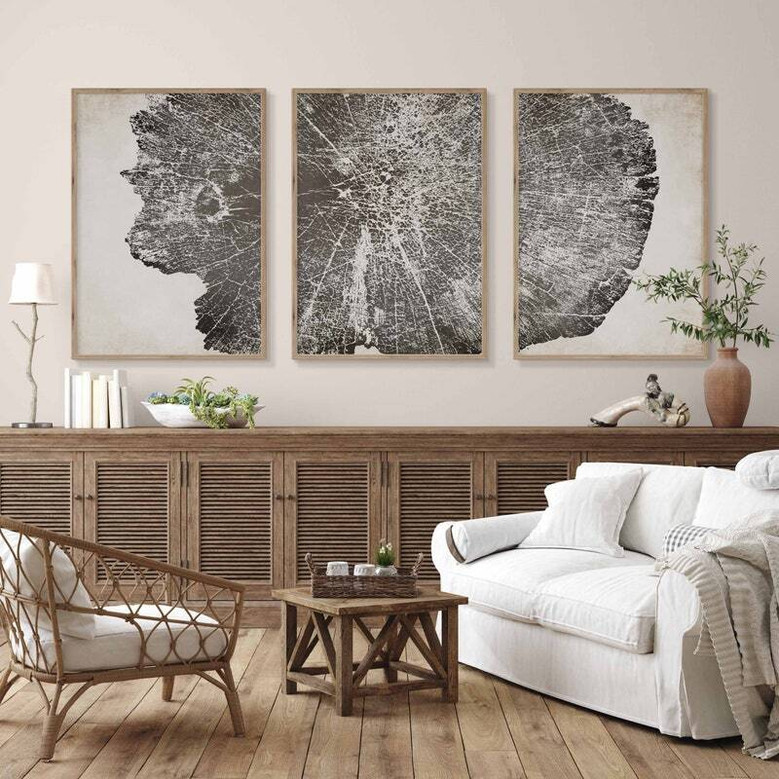 Personalized Tree Ring Canvas Set Of 3 - Modern Neutral Wall Art For Living Room