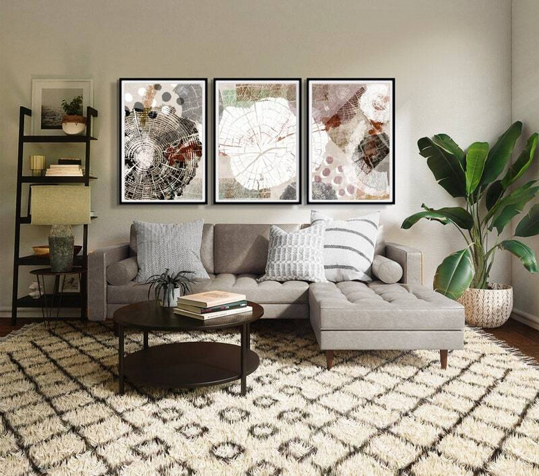 Abstract Wood Slice Canvas Trio - Modern Living Room Decor Set
