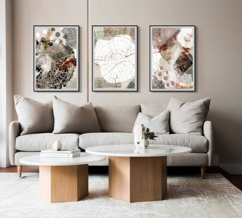 Abstract Wood Slice Canvas Trio - Modern Living Room Decor Set
