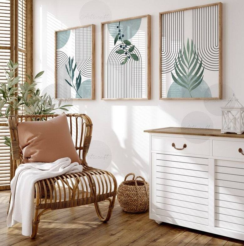 Set Of 3 Boho Botanical Canvas Prints - Aqua Sage Abstract Geometric Art For Home Decor