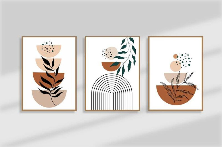 Geometric Wall Art And Decor - Boho Canvas With Botanical Line Art In Terracotta For Living Room