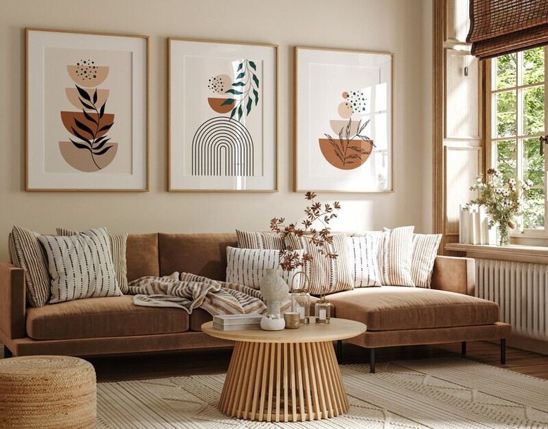 Geometric Wall Art And Decor - Boho Canvas With Botanical Line Art In Terracotta For Living Room