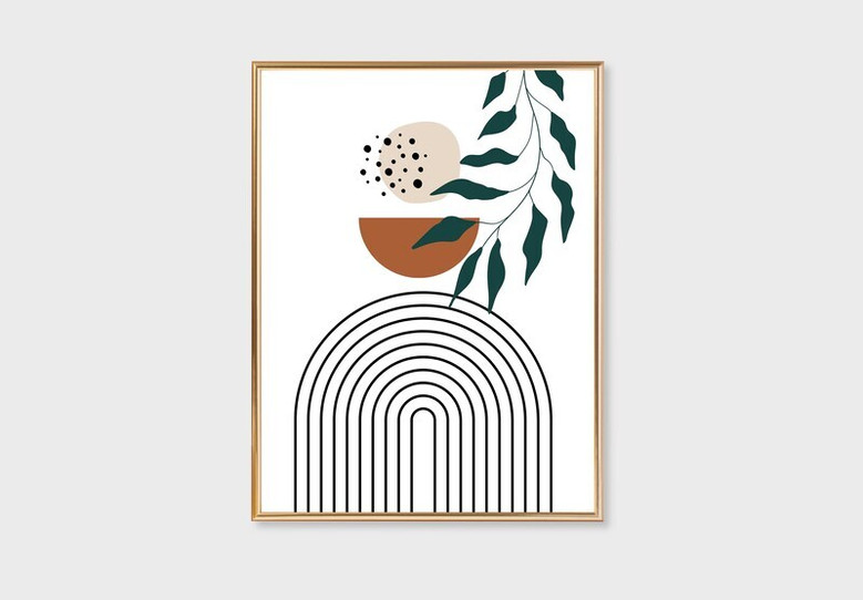 Geometric Wall Art And Decor - Boho Canvas With Botanical Line Art In Terracotta For Living Room