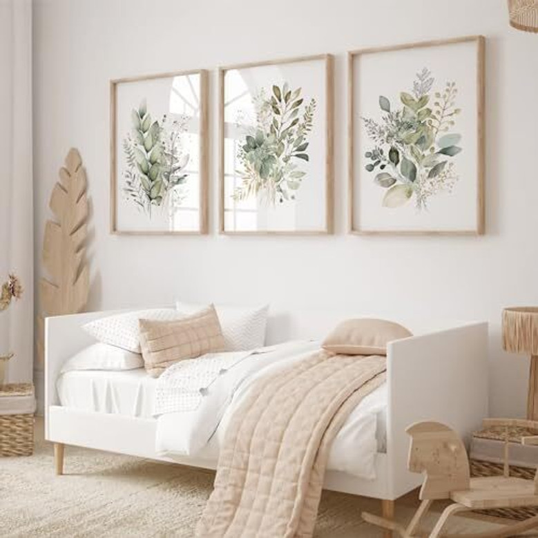 Modern Sage Green Boho Floral Botanical Wall Art Canvas Set For Bedroom And Bathroom Decor