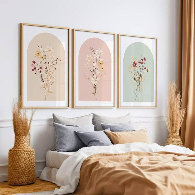 Boho Watercolor Wildflower Canvas Set for Minimalist Decor
