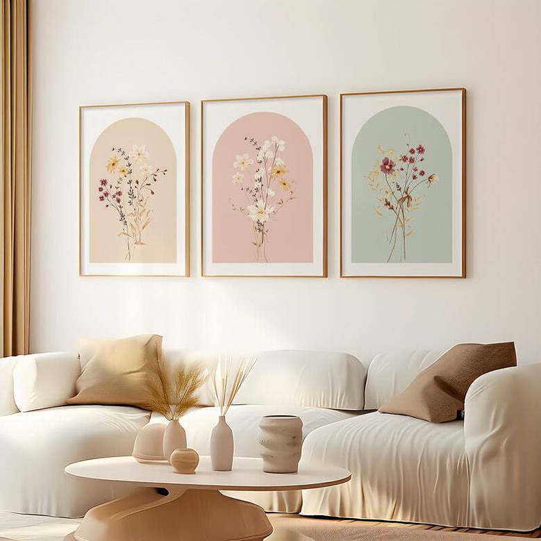 Boho Watercolor Wildflower Canvas Set for Minimalist Decor