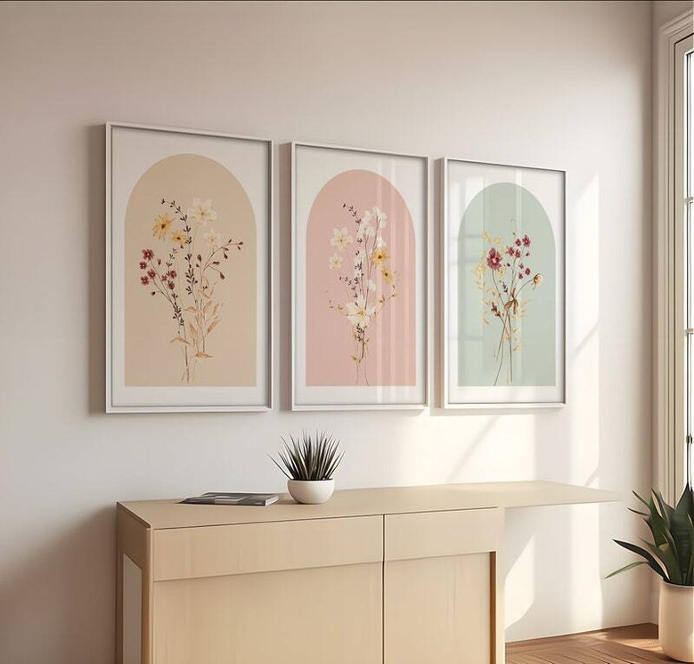 Boho Watercolor Wildflower Canvas Set for Minimalist Decor